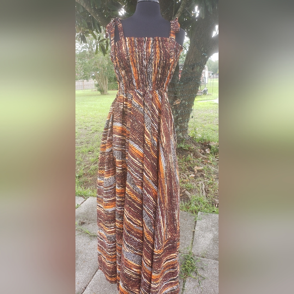 Elegant Striped Maxi Dress in Brown and Orange